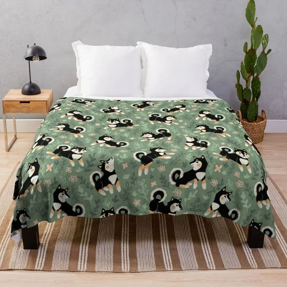 

Playful Black And Tan Shiba Inu Pattern Throw Blanket Soft Sherpa Fleece Warm Blanket for Winter