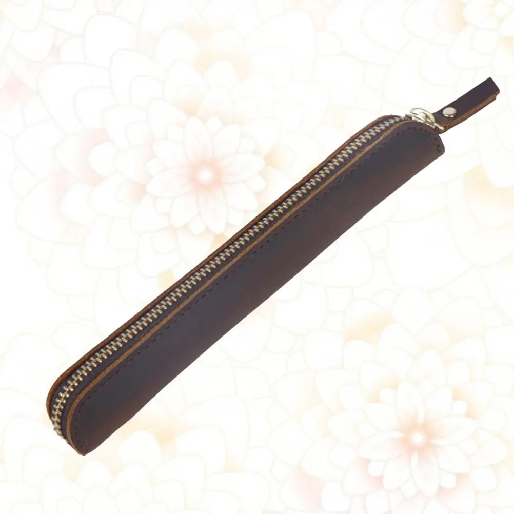 Dark Brown Pen Case Zipper Pouch Snap Button Holder Professional Pen Organizer for Fountain Ballpoint