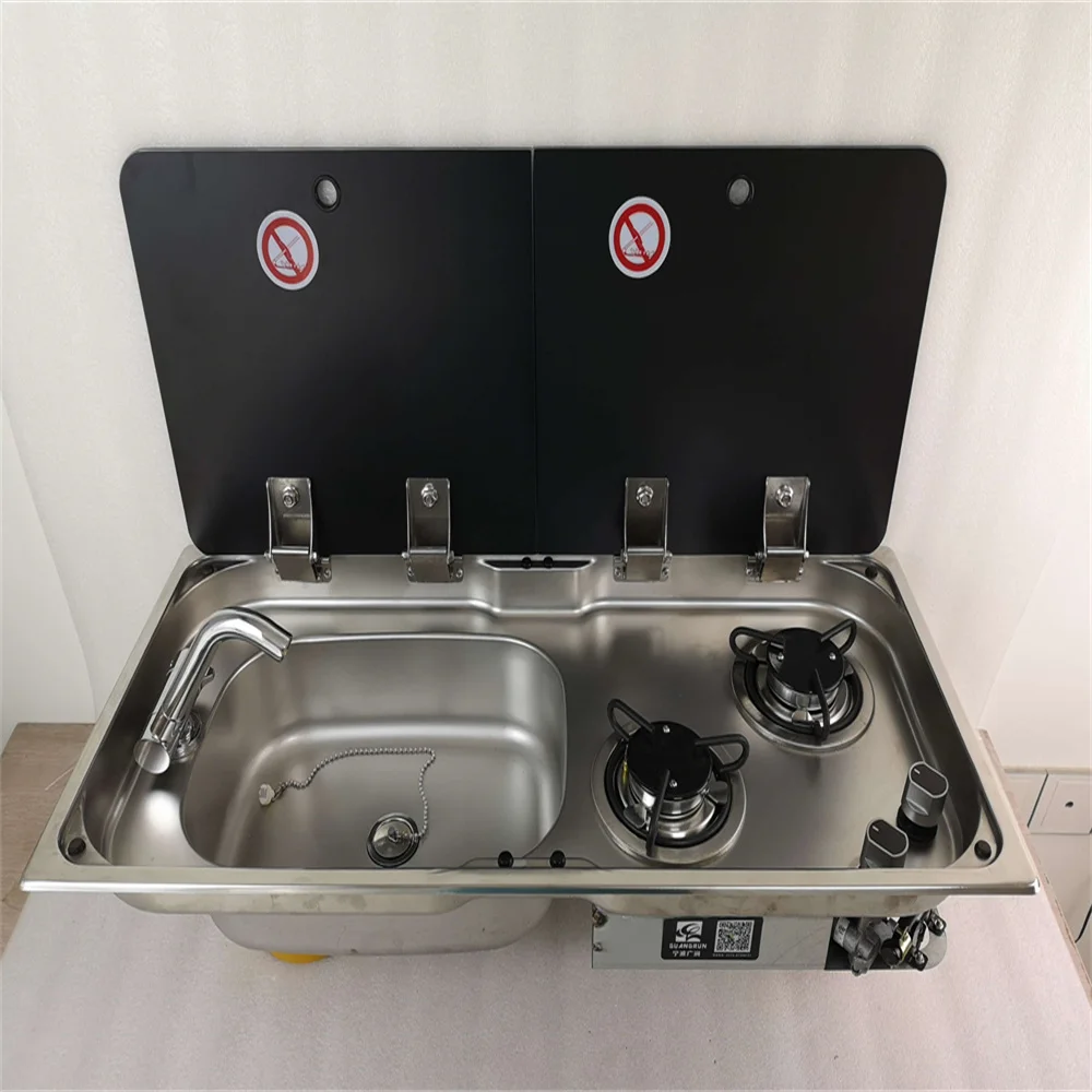 2 Burner Gas Stove Sink Combo 2 Glass Lids 775*365*150/120mm Boat RV GR-904RD