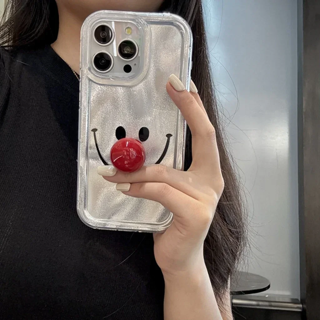 Illusion Color Cute Stereoscopic Red Nose Cartoon Pattern With Holder Phone Cover Case for iPhone 15 14 13 12 11 Pro Max