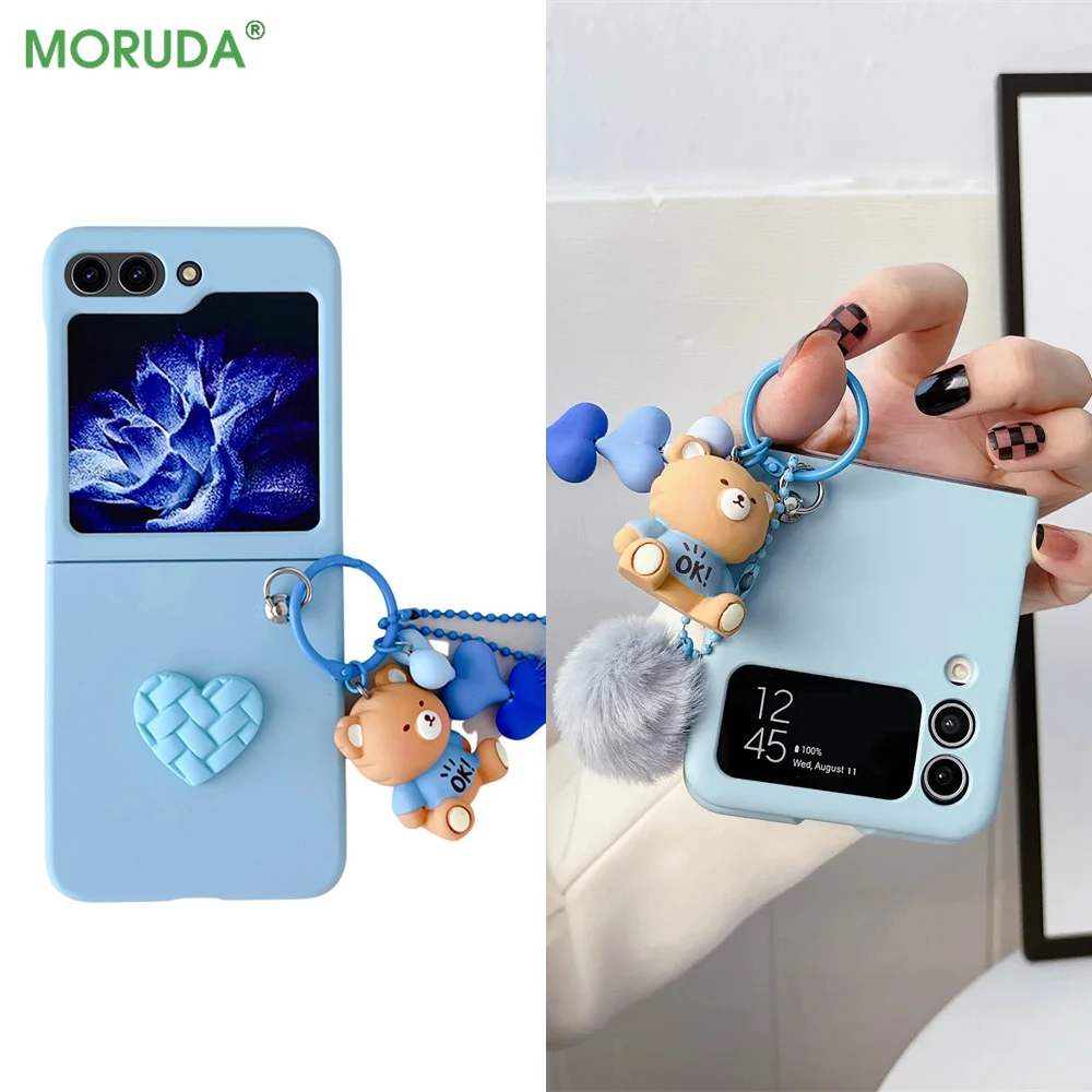 Cartoon Bear Pendant Folding Case for Samsung Z Flip6 Flip 3 4 Zflip5 Z Flip3 Matte Shockproof Grid Love Heart Cover for ZFlip 5