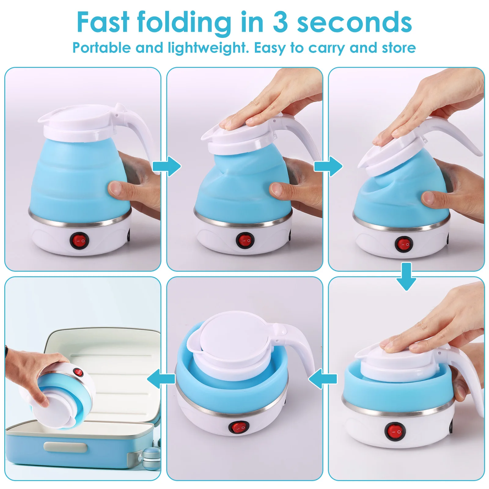 Mini Folding Kettle Portable Water Heater 600W Silicone Leakproof 600ml Compression Electric Kettle Travel Household Kettle