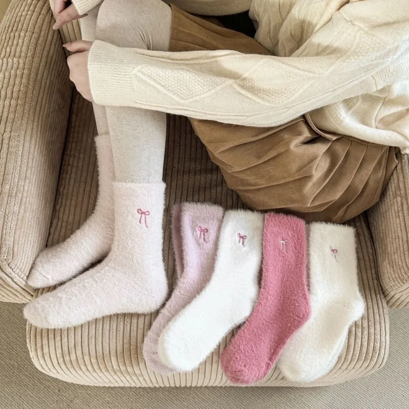 5 Pairs Sweet Embroidery Bow Women's Thickened Mink Socks Bow‑Tie Fluffy Socks Home Sleep Warm Socks for Girls XKWZ10