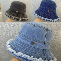 Vintage Unisex Washed Denim Tassel Bucket Hats dla kobiet Mężczyźni Składana bawełniana czapka Panama Bob Gorros Outdoor Beach Fishing Sun Hat