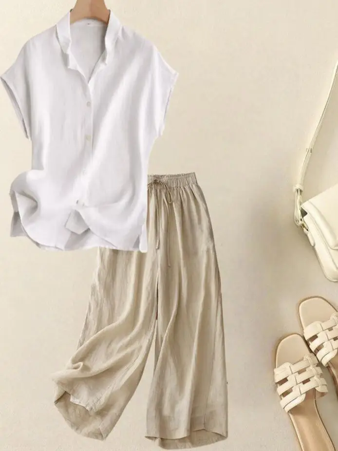 Conjunto de dos piezas de lino y algodón para mujer, color puro, ort Sve irt, verano 2025, nuevo Sle Fly Sve