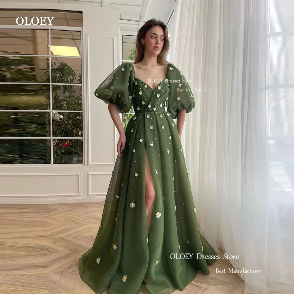 

OLOEY New Sage Green A Line Evening Dresses Puff Sleeves Organza Flowers Prom Gowns Arabic Women Formal Pageant Dress Vestidos