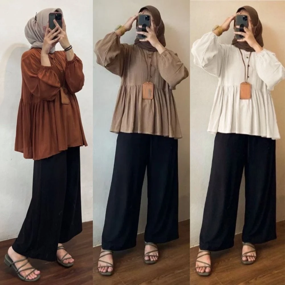 Solid Color Loose Women's T Shirts Ruffle All Match Muslim Blouse Long Sleeve Islamic Clothing Large Size Pullovers Office