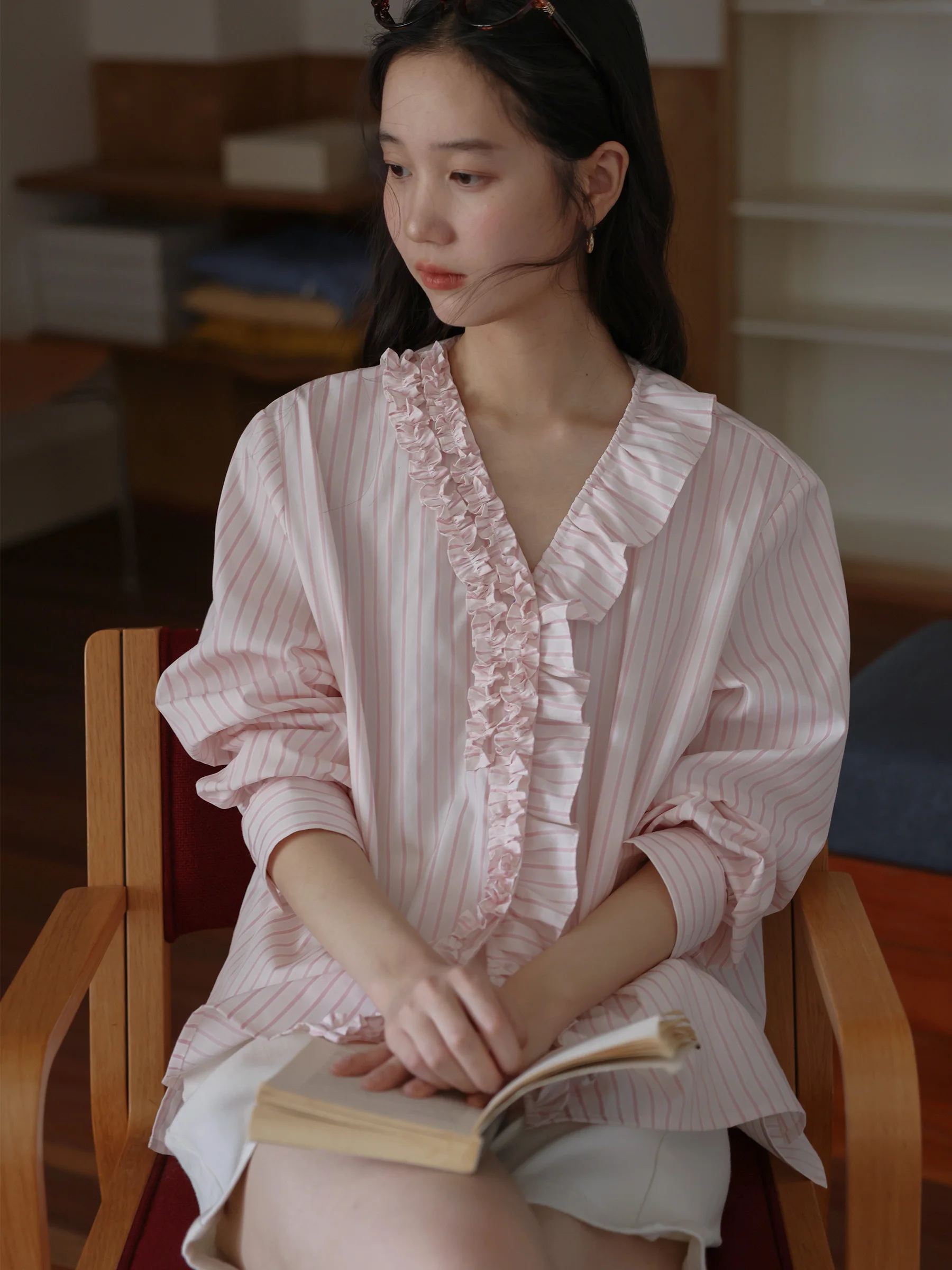 MUNNS Pink Vintage Wood ain V-ne Loose Long Sve Women's irt Early Autumn Design Sense Aosphere Pure Cotton