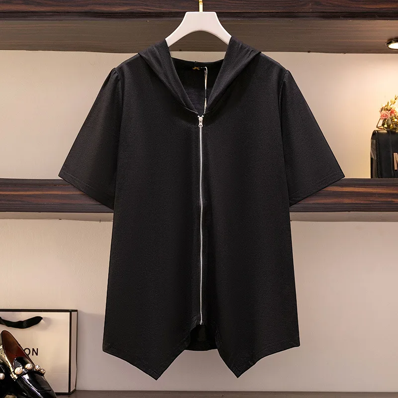 150Kg Plus Size Women's Summer Western Style Irregular Hooded Top Bust 149 Loose Short-Sleeved T-Shirt Black 5XL 6XL 7XL 8XL 9XL 