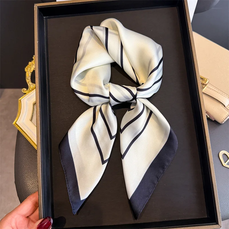 

Luxury Brand Stripe Print Designer Simple Scarf Bandana Women Hair Bands Square Scarves Satin Lady Wrap Headband