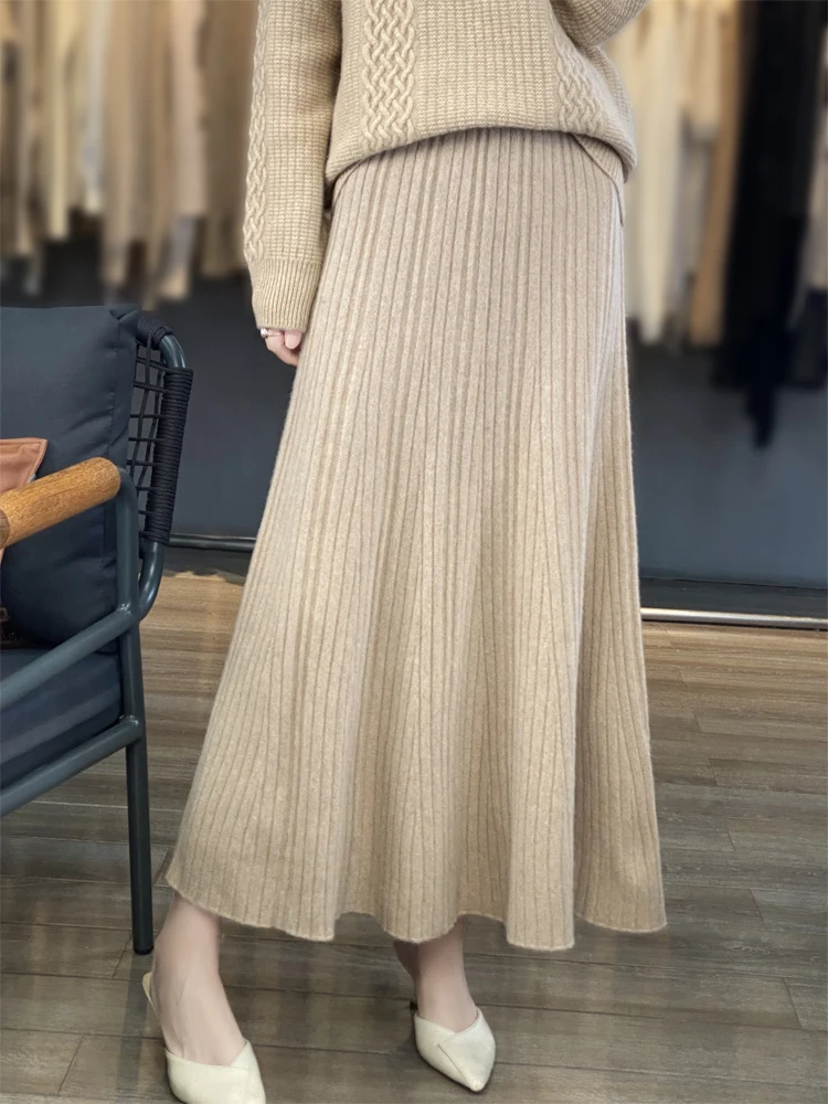 Devin High Quality Women Long Pleated Skirt Autumn Winter Cashmere Skirt 100% Merino Wool Knitwear Office Lady Grace Dress