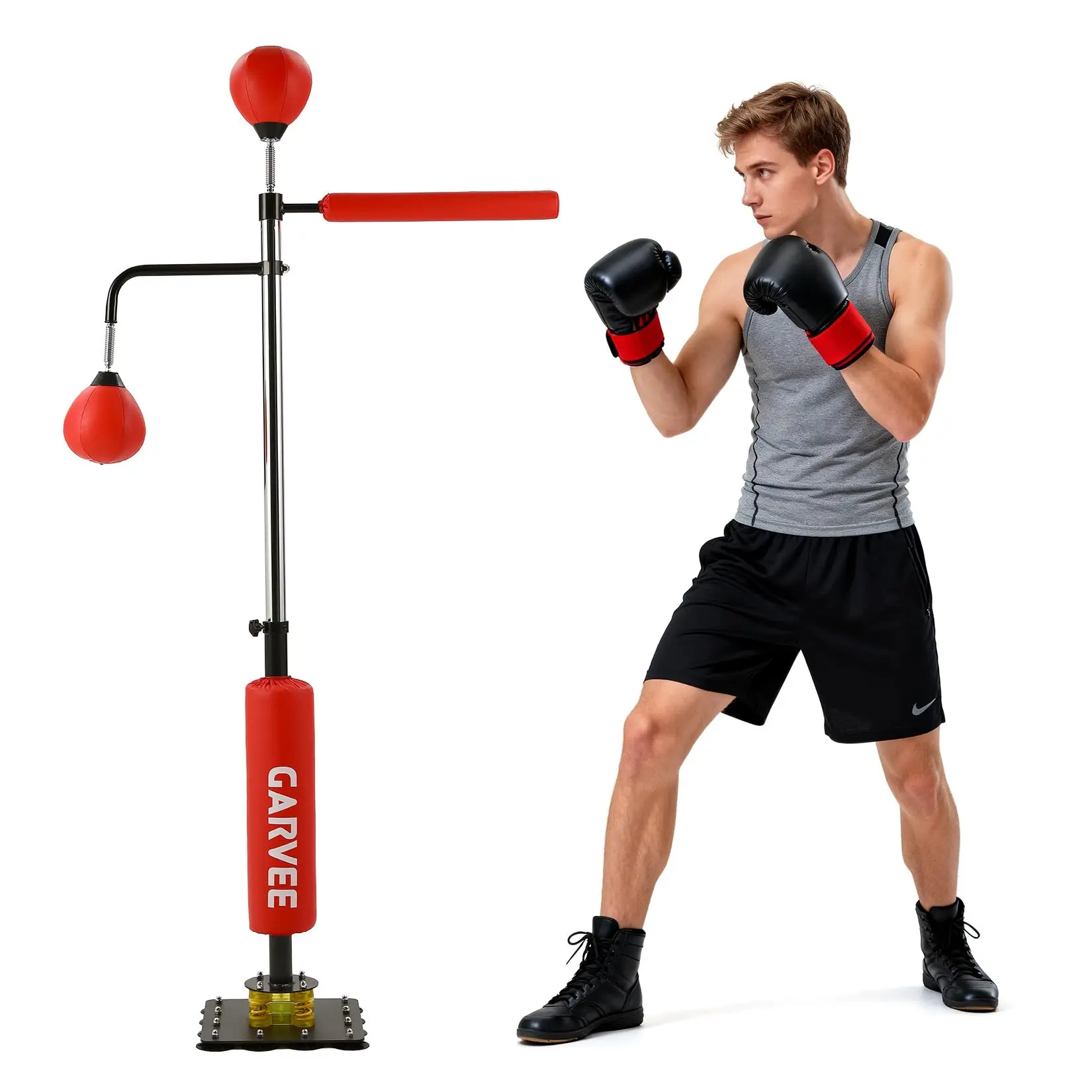 

Punching Bag Free Standing with 2 Speed Balls & 360° Relax Bar, 106 x 140-205cm Height Adjustable Boxing Bag with Stand