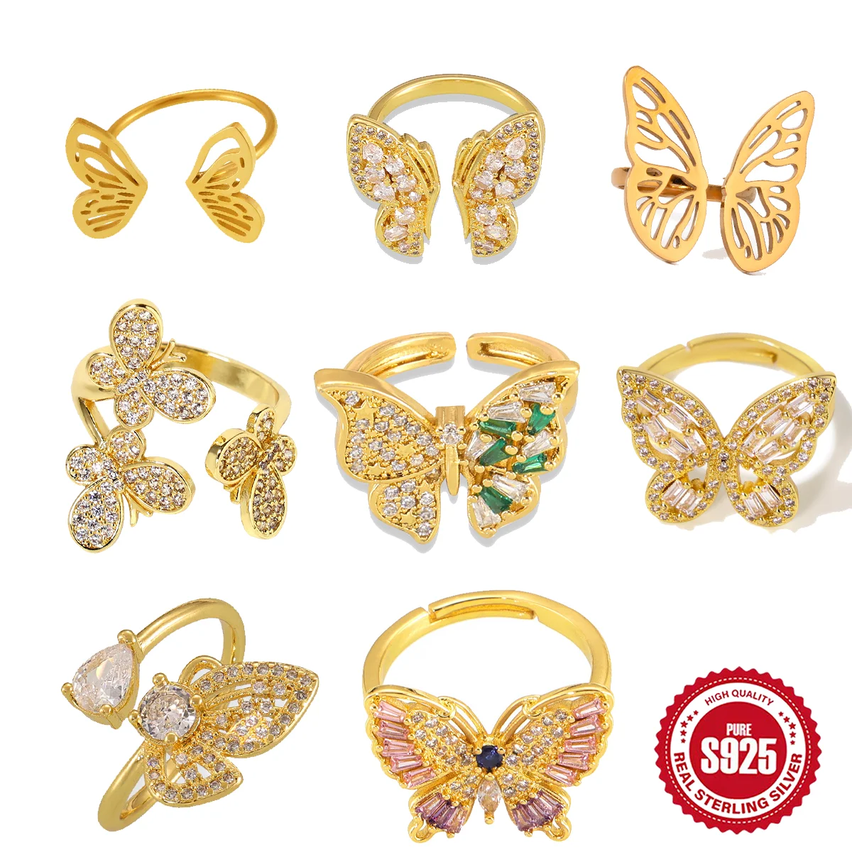 

Sterling silver butterfly ring with adjustable opening 18K gold plated high-end design jewelry accessories, gift for couples