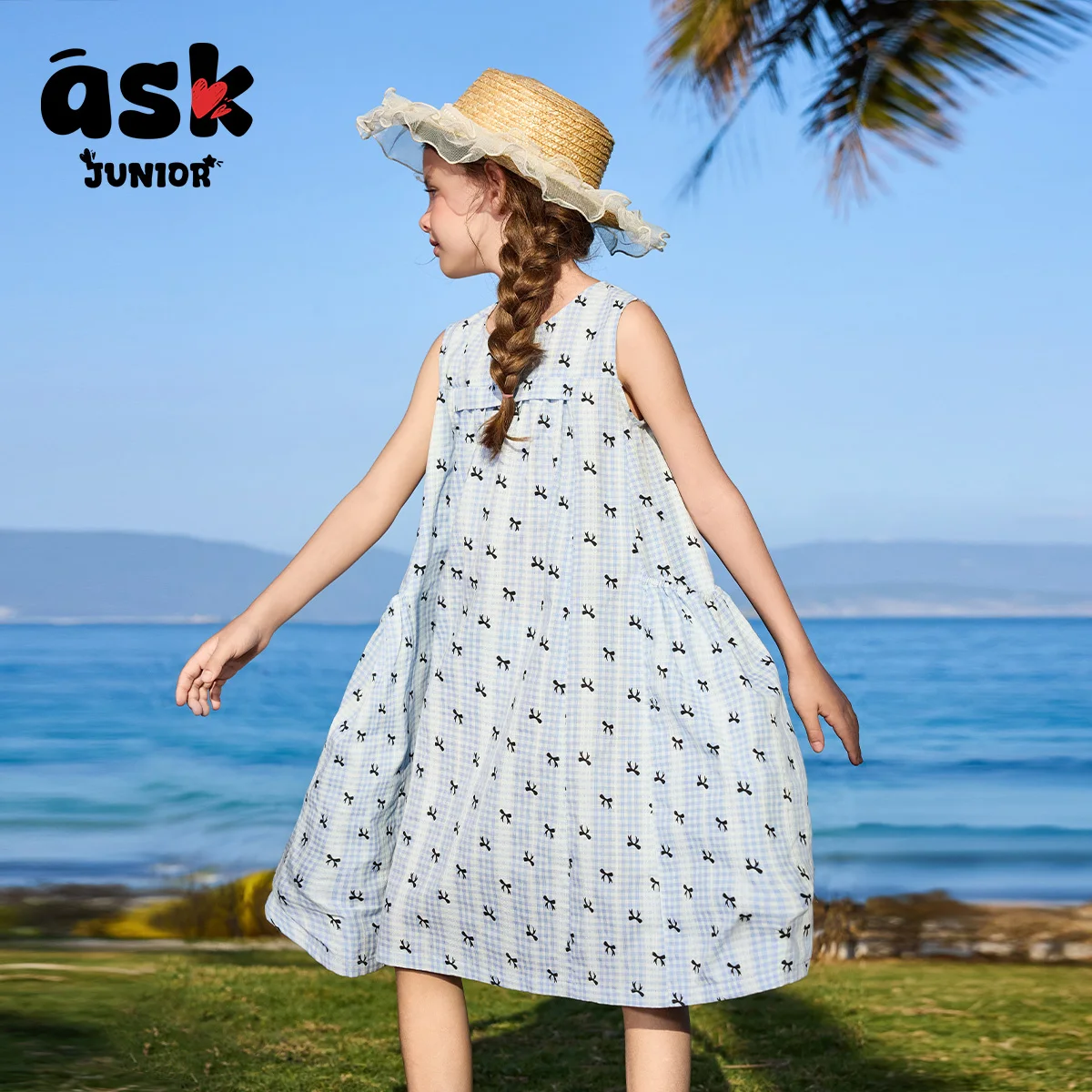 فستان بناتي صيفي بفيونكة منقوشة باللون الأزرق بطباعة متباينة #5