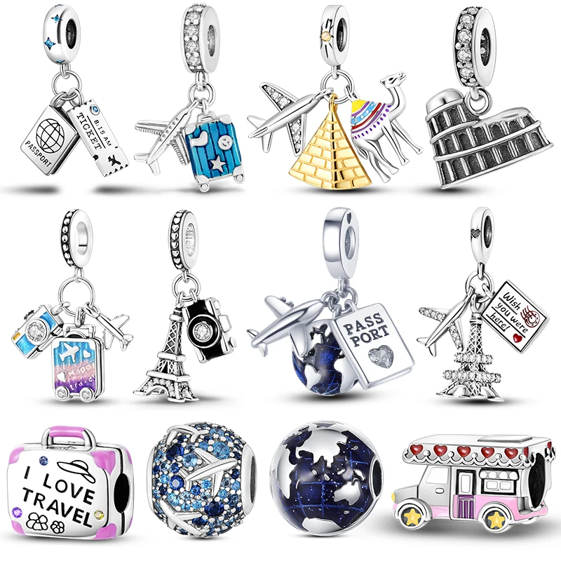 Dijes originales de la serie Travel, colgantes de plata 925 con diseño de avión del mundo de París, cuentas aptas para pulsera, fabricación de joyas, abalorio para mujer