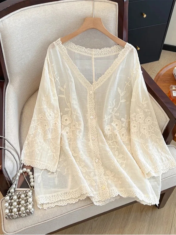 

Lace Hollow out V-Neck Shirt Women's Summer plus Size Outerwear Sun Protection Open Cardigan 7/8 Sleeve Top Commute Style