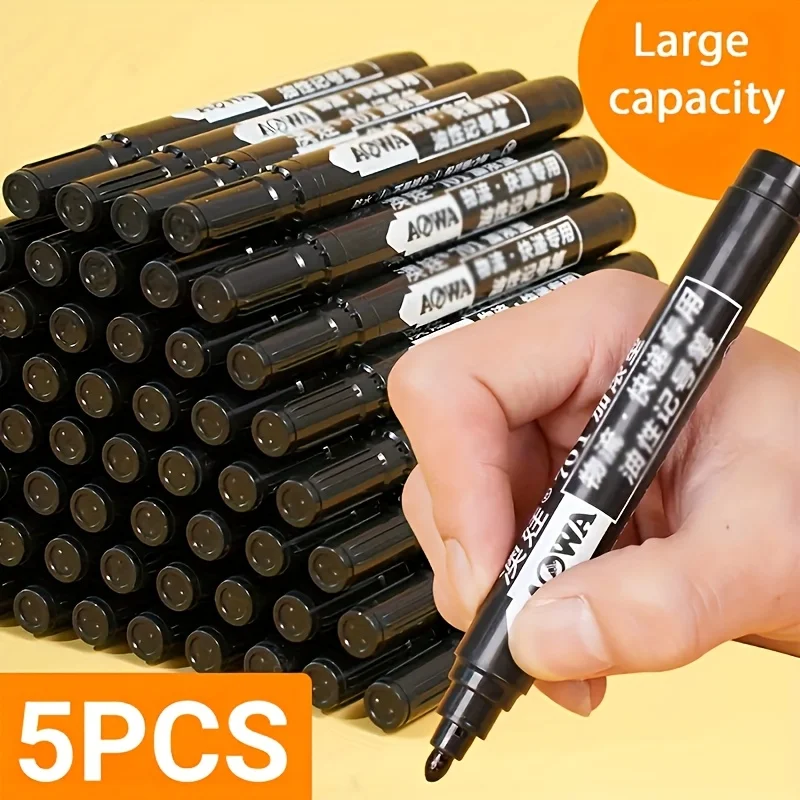 

5 permanent markers, waterproof black ink, high-capacity oil-based, bold tip suitable for office, logistics and daily use