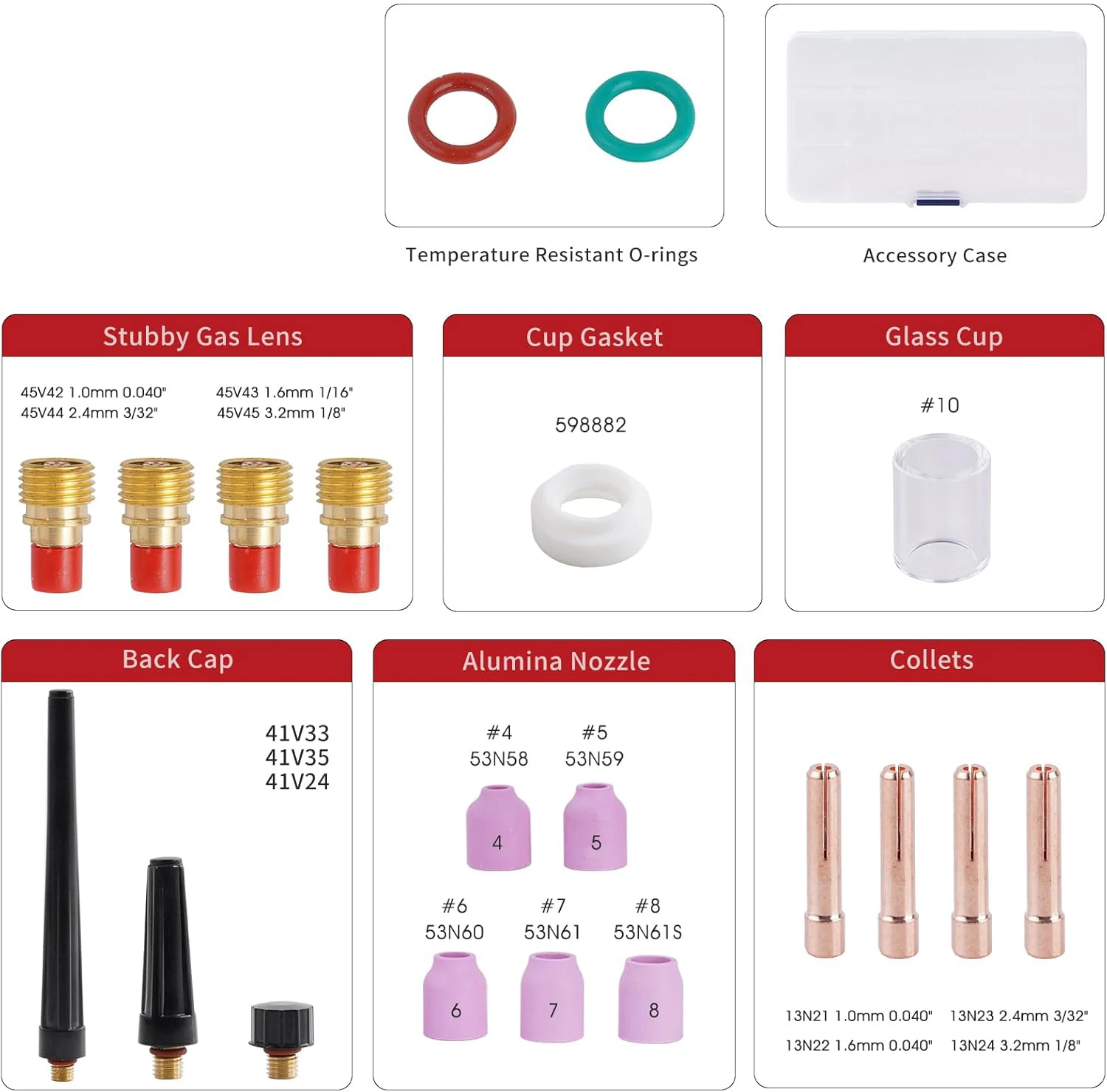 43Pcs TIG Welding Torch Ceramic Gas Lens Kit #10 Cup Collet Body Accessories Set for TIG WP-9/WP-20/WP-25 Welder