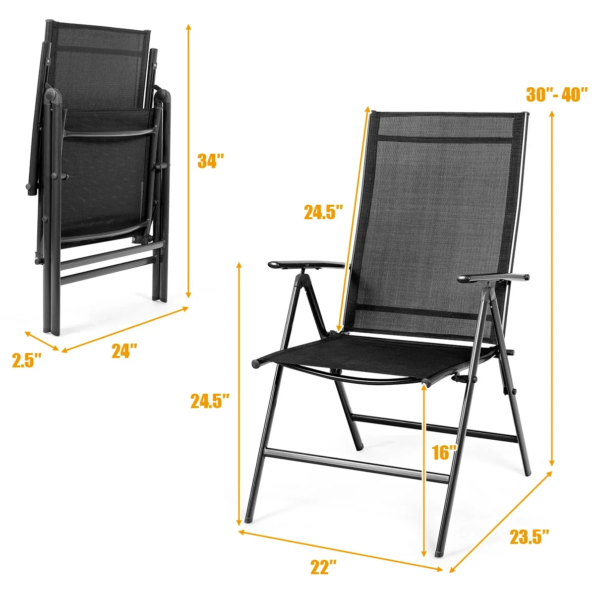 Set of 2 Patio Folding Dining Chair Recliner Adjustable Camping Portable Black Plastic adirondack chair Silla plegable Outdoors