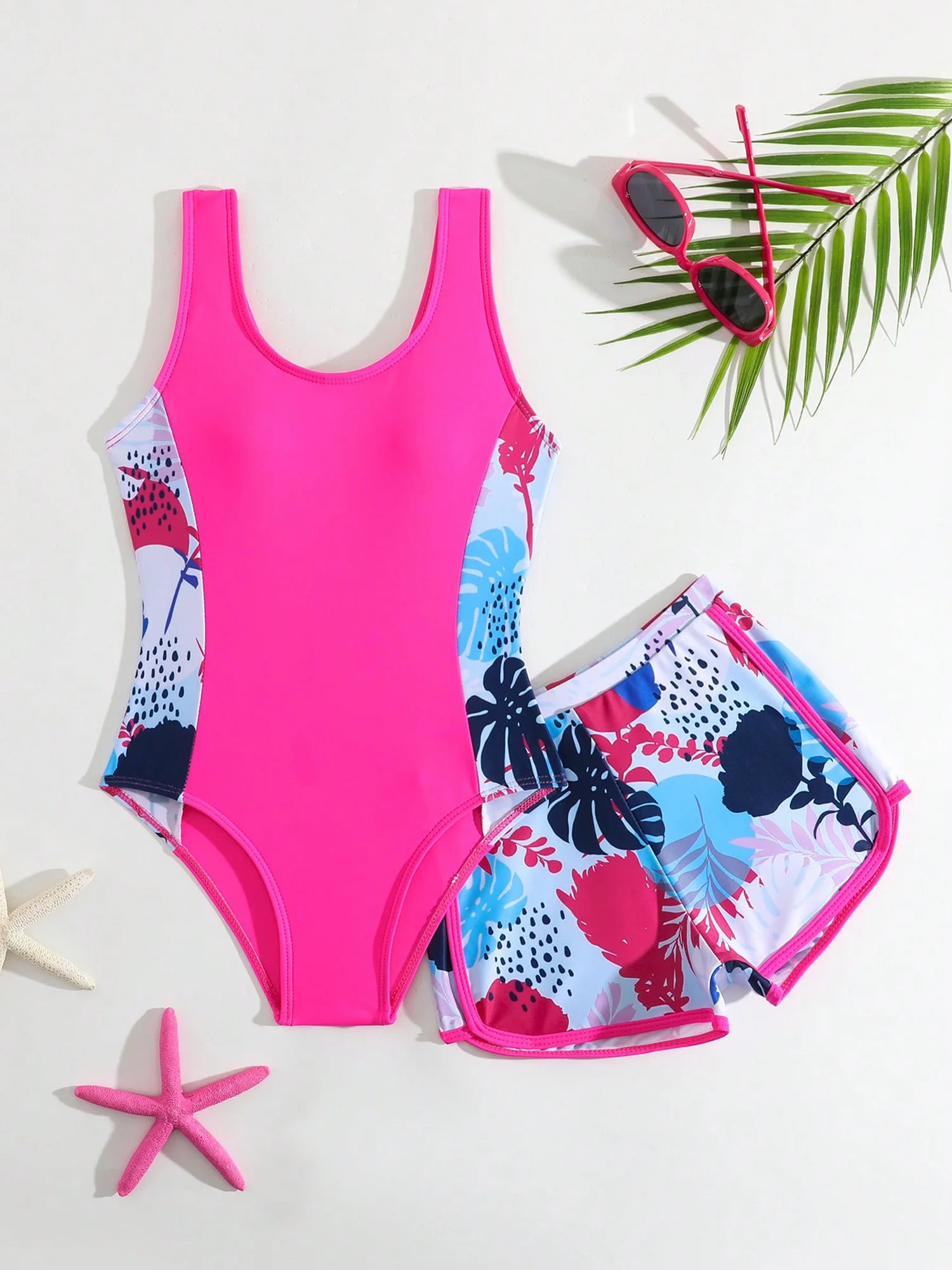 Girls Printed Slimming One Piece Sleeveless Swimsuits with Shorts Two-Pieces Bathing Suit Swimwear for Beach Holiday Surfing