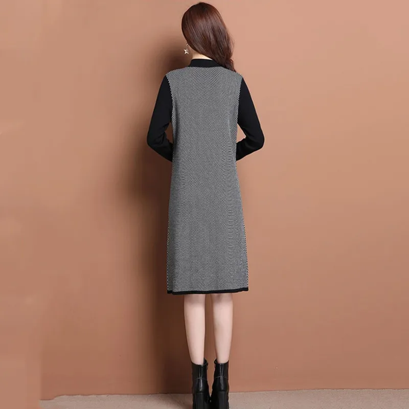 Oversize Women Dresses For Autumn Winter 2024 New Fashion Pockets Half High Collar Pullover Patchwork Office Lady Clothes Dress