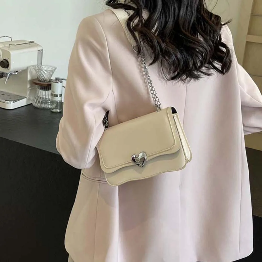 Heart Alloy Decoration PU Crossbody Bag Foldable Magnetic Buckle Women's Shoulder Bag Large Capacity Durable