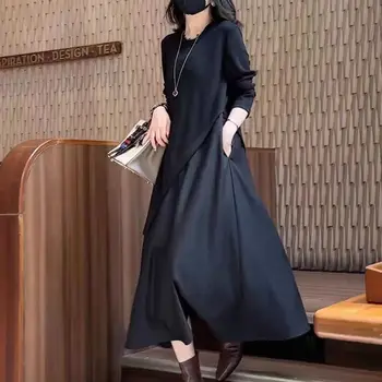 2023 Autumn New High-Grade Sense Black Dress Women Slimming Fake Two Pieces Patchwork Long Hoodie Skirts