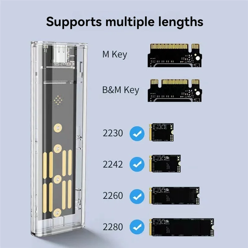 

Корпус SSD M2 M.2 Nvme + NGFF Корпус SSD с двумя протоколами USB 3.2 Gen2 10 Гбит/с Прозрачный корпус внешнего привода для ПК B