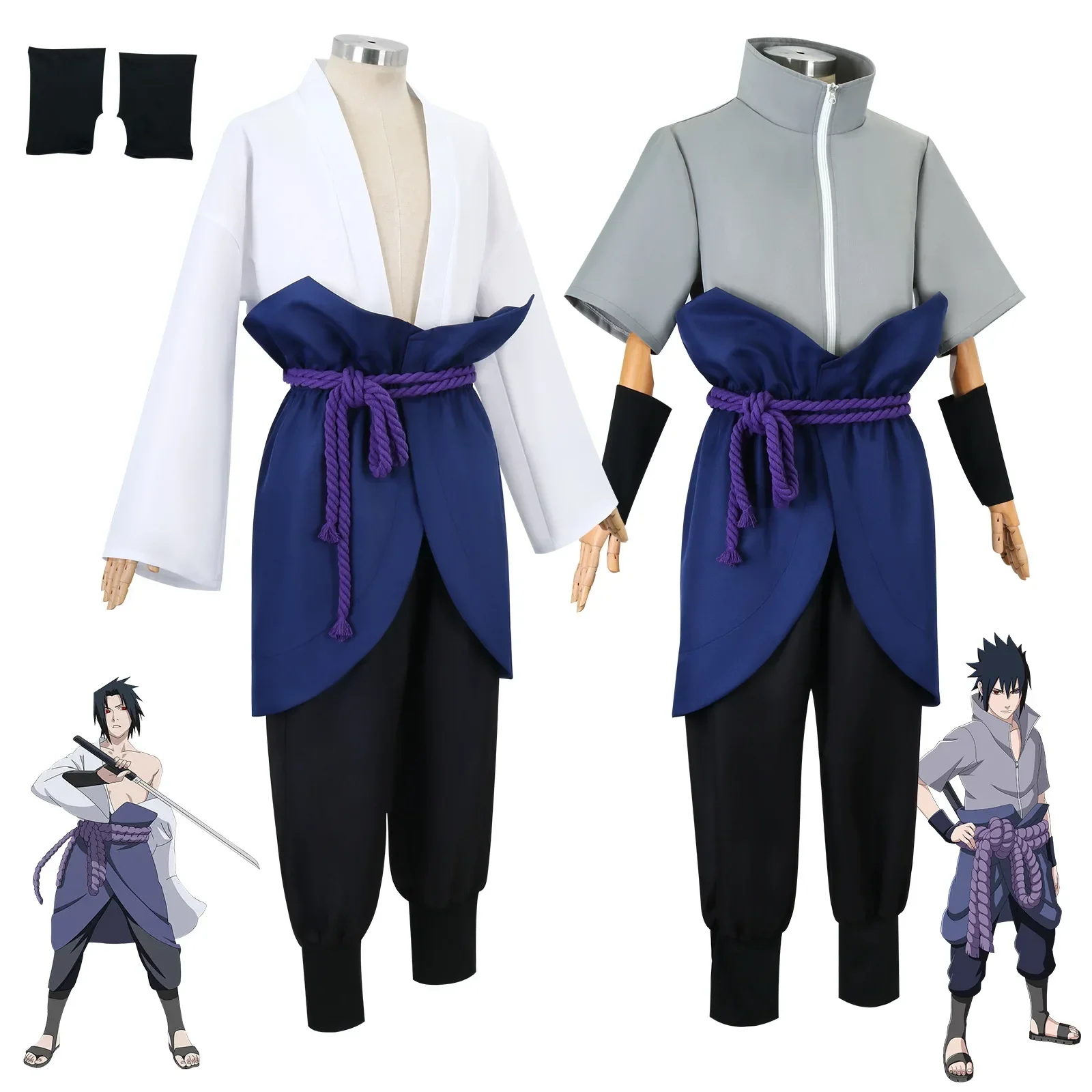 

2026 Uchiha Sasuke Cosplay Costume Set - Anime Hokage Shippuden Third Generation Gray Top Suit Wig for Halloween