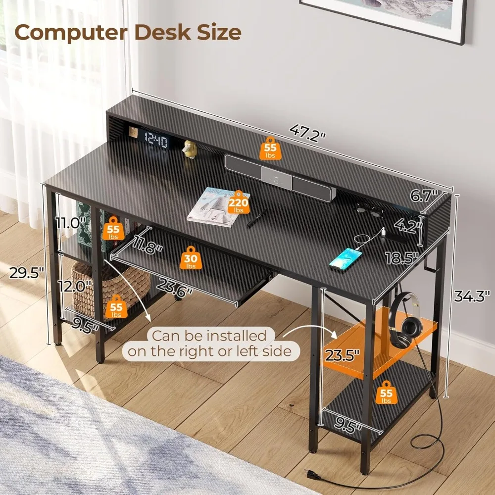 Computer Desk with LED Lights & Power Outlets, 47” Gaming Desk with Storage Shelves, Home Office Desk with Keyboard Tray