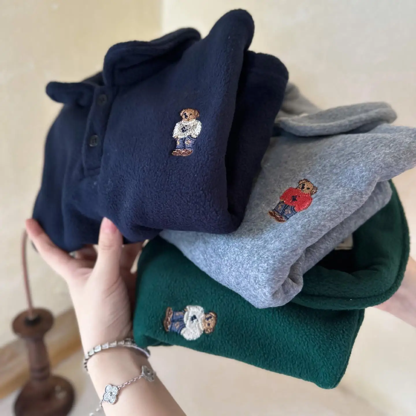 New Autumn Winter Children Polo Shirt Girl Baby Cartoon Bear Fleece Warm Sweatshirt Boy Retro Kid Lapel Plus Velvet Thick Tops