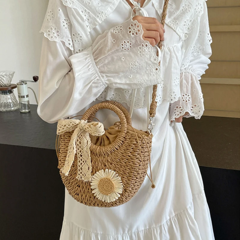 Handwoven Straw Rattan Half-Moon Beach Handbag Small Women Summer Hollow Out Crossbody Shoulder Bag