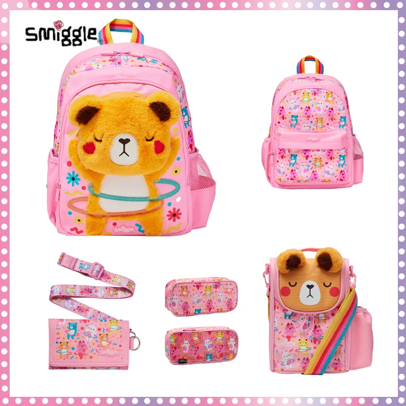 

Австралийский рюкзак Smiggle для девочек, розовый плюшевый медведь, школьный рюкзак для детей, супер искусственный мультяшный рюкзак, кошелек, карандаш, Женский комплект