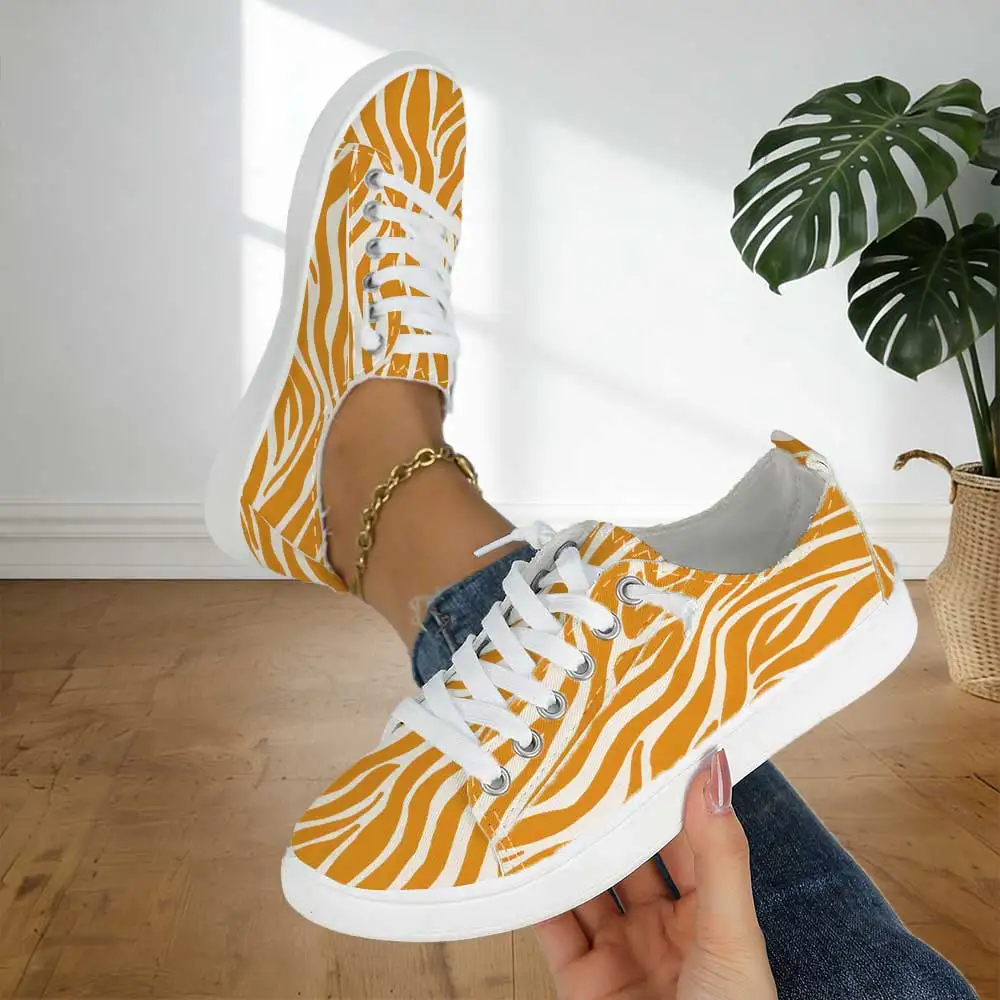 Trendy and Unique Zebra-Print Low-Top Canvas Shoes, Orange and White Color-Blocking Breathable Sneakers, Casual Shoes for Students' Daily Wear, Women's Casual Shoes