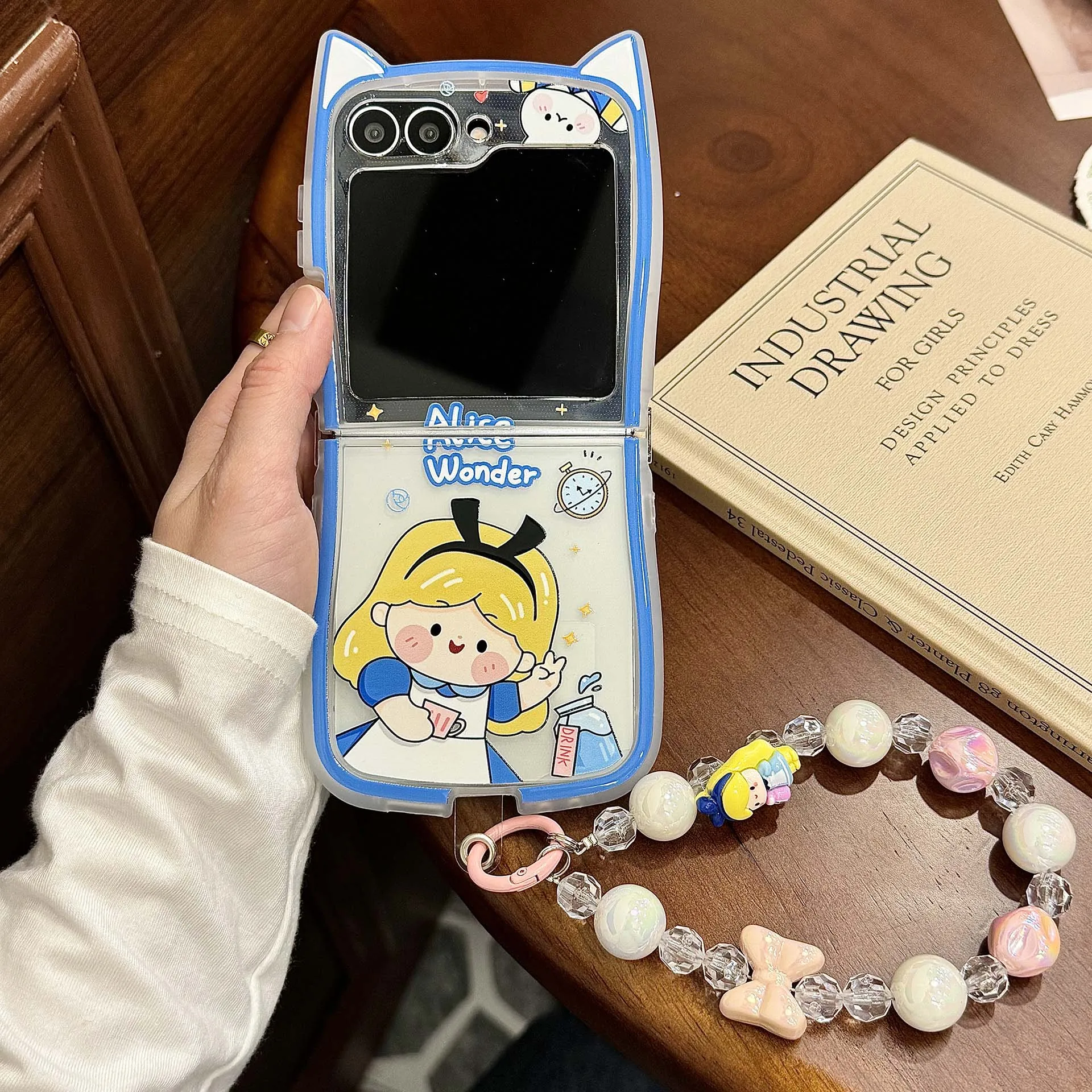 Capa de Telefone Disney Kawaii Princesa Branca de Neve Alice com Orelhas de Gato 3D e Alça de Contas para Samsung Galaxy Z Flip 3 4 5 6 7 7FE