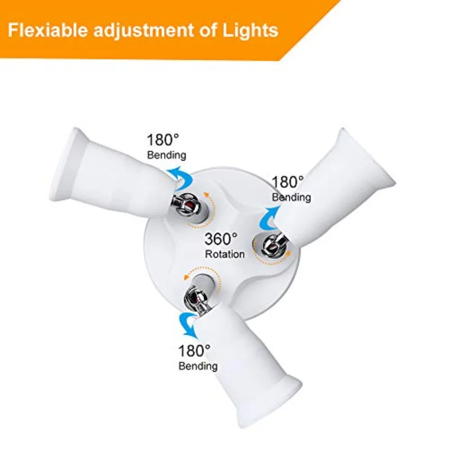 E26 E27 Adjustable Socket Splitter, 3 in 1 Socket White Bulb Base Adapter Lamp Holder, 360 Degree Rotating 180 Degree Bending