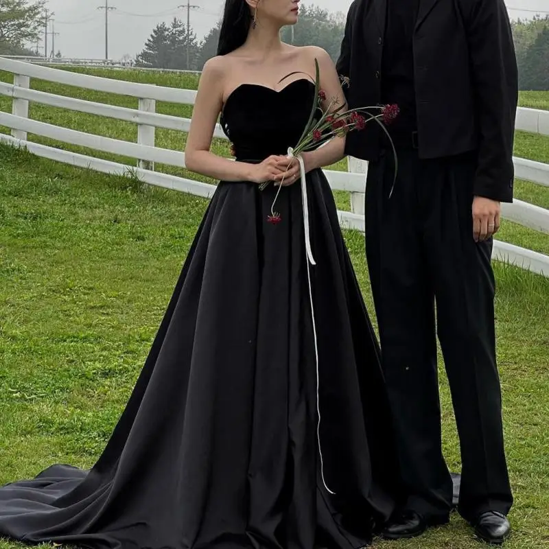 

Black Strapless Party Dresses 2024 New Simple Satin Wedding Dresses For Women Elegant A-line Long Bridal Dress With Small Train