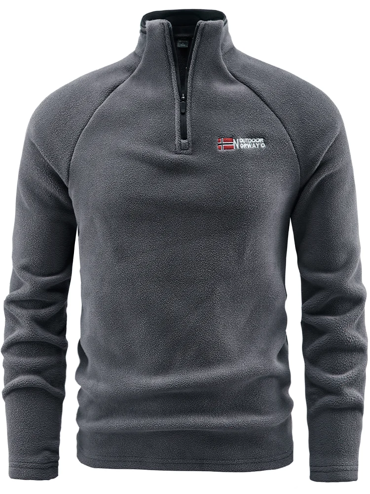 Jersey polar gris oscuro con media cremallera y bandera noruega y bordado "Outdoor Noruega"