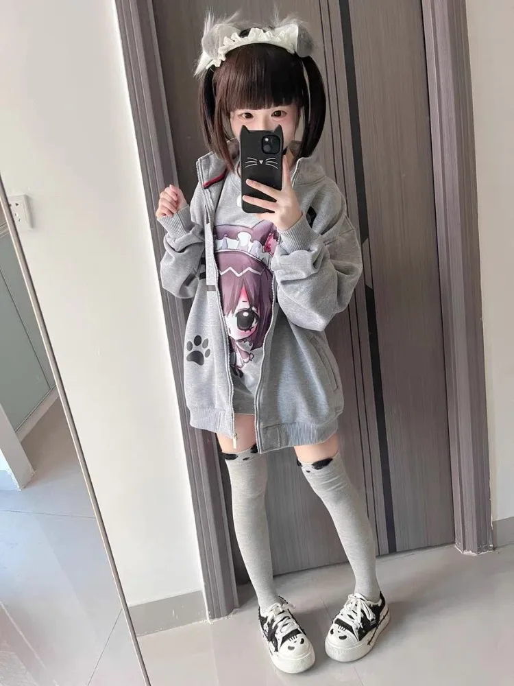 HOUZHOU Y2k Harajuku Streetwear Hoodies Women Japanese Style Cuteore Sweet Soft Girl Cute Cartoon Print Oversized Sweatshirt