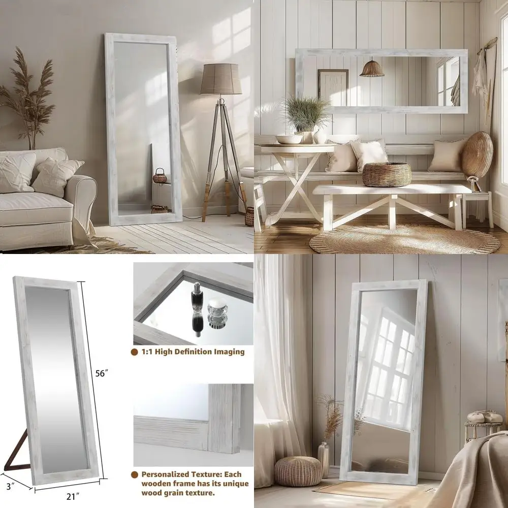 

56x21 Weathered White Wooden Floor Length Mirror for Living Room, Bedroom, or Cloakroom - Freestanding or Wall-Mounted