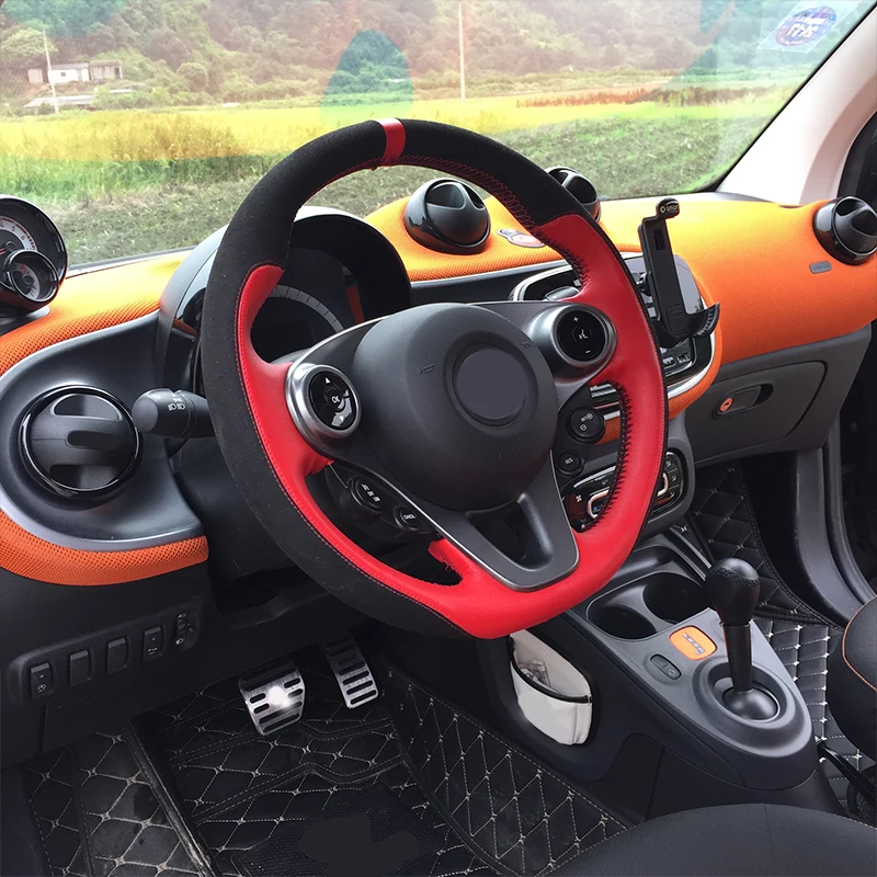 Car Leather Steering Wheel Protector Cover Cowhide Braid Auto Steering Wheel for Smart 453 Fortwo Forfour Interior Accessories
