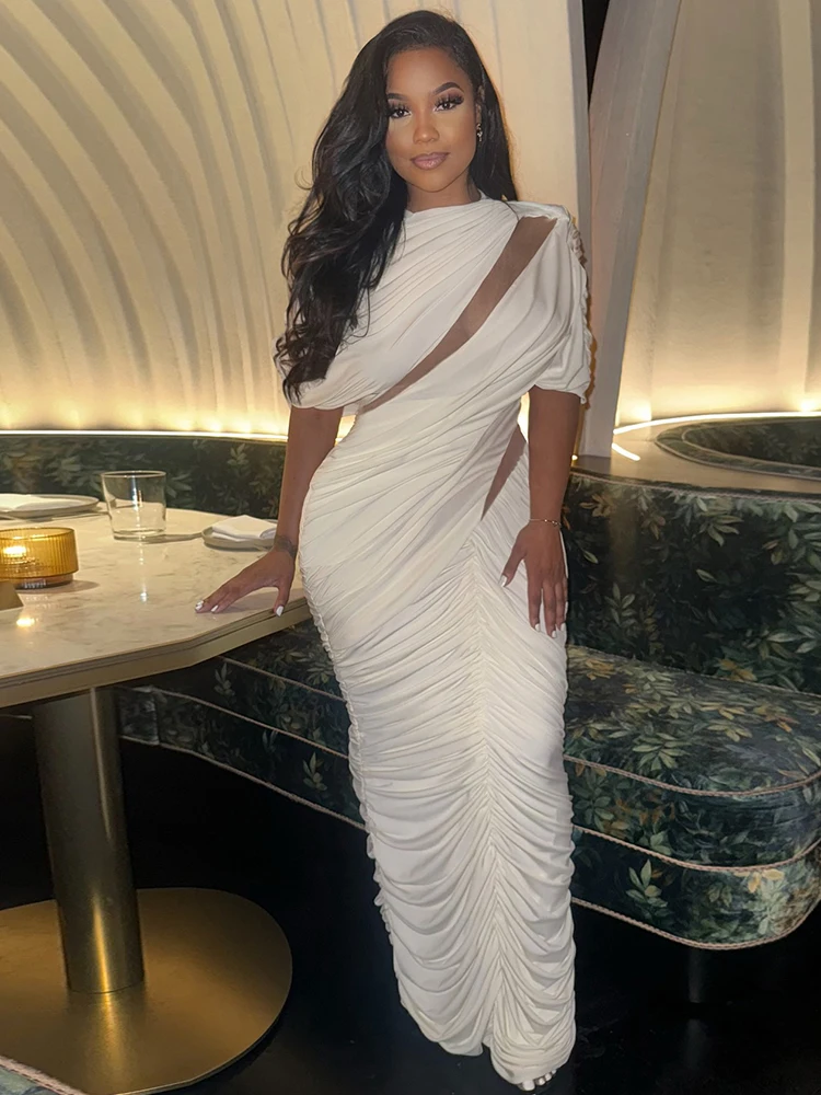 Weird Puss Irregular Hollow Dress Woman Simple Mesh Patchwork Ruched Short Sleeve Skinny Midnight Prom Party Elegant Vestidos