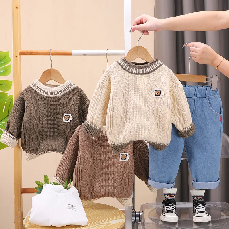 

Boys Clothes Sets Spring Autumn 2025 Children Woolen Jersey Sweaters T-shirts Pants 3pcs Casual Suit For Baby Tracksuits Kids 5Y