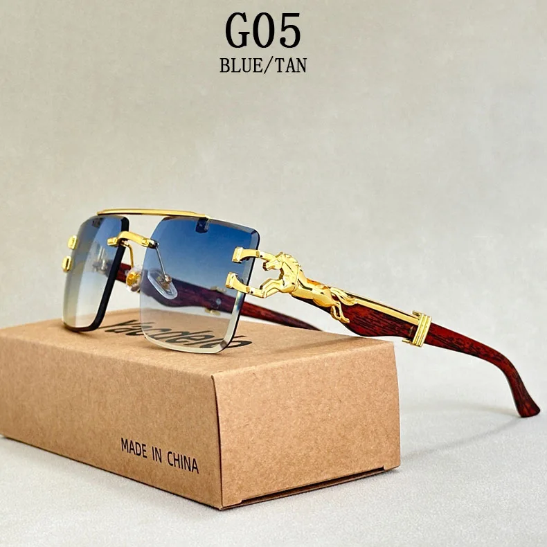 Holzmaserung Sonnenbrille Damen Trendy 2024 Randlose Sonnenbrille Herren Vintage Designer Mode-Brillen Lentes De Sol Mujer Zonnebril – Detail 5