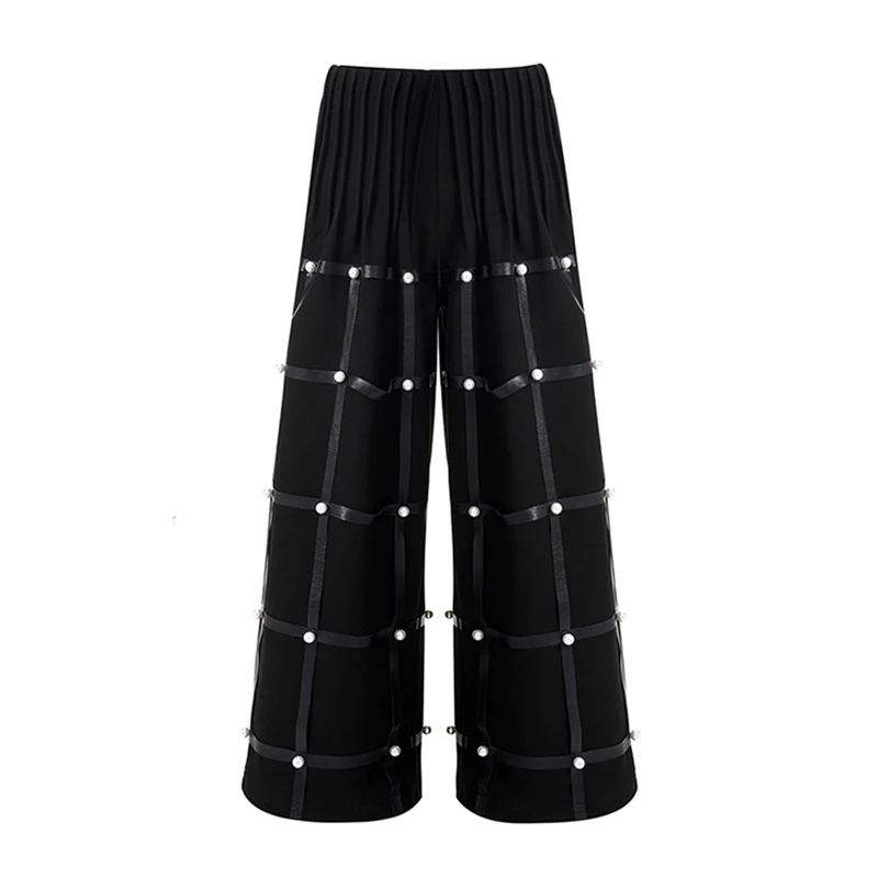 LUZHEN カジュアルオリジナルワイドプリーツデザインレッグレザーパッチワークトラウザーズメンズ2025新作無地ストリートストレートパンツJY4745