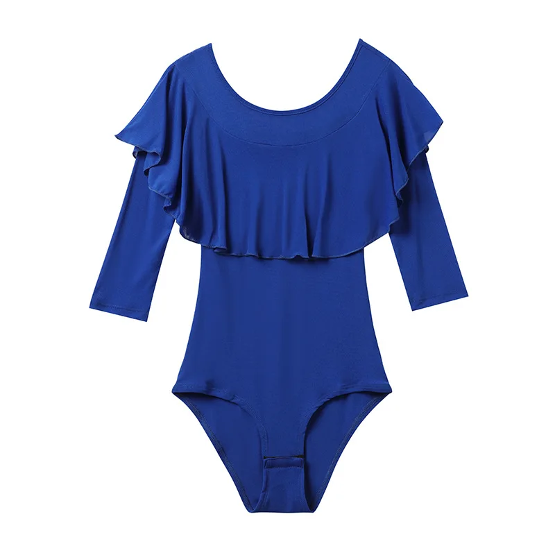 성인 여성 라틴 댄스 셔츠 중간 소매 의류 러플 블랙 점프수트 댄스 트레이닝 의류 전문 댄스 탑