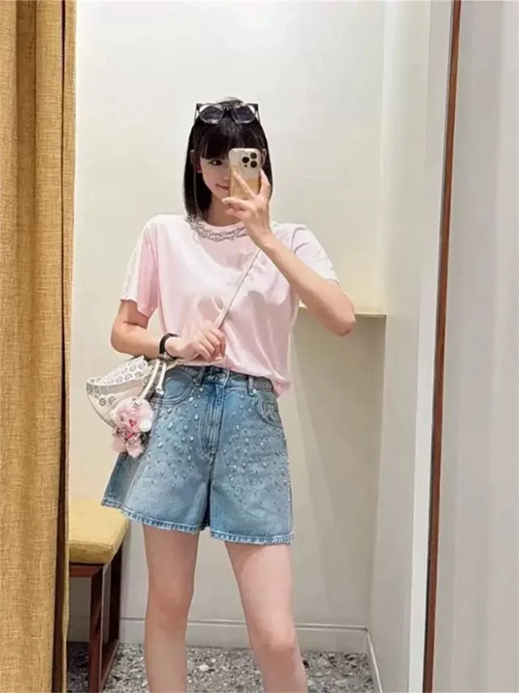 

M Home Ранняя осень 2025 г. Блестящая ромбовидная отделка Сладкий розовый круглый Ne ort Sve Свободный утягивающий универсальный топ Повседневный ко...