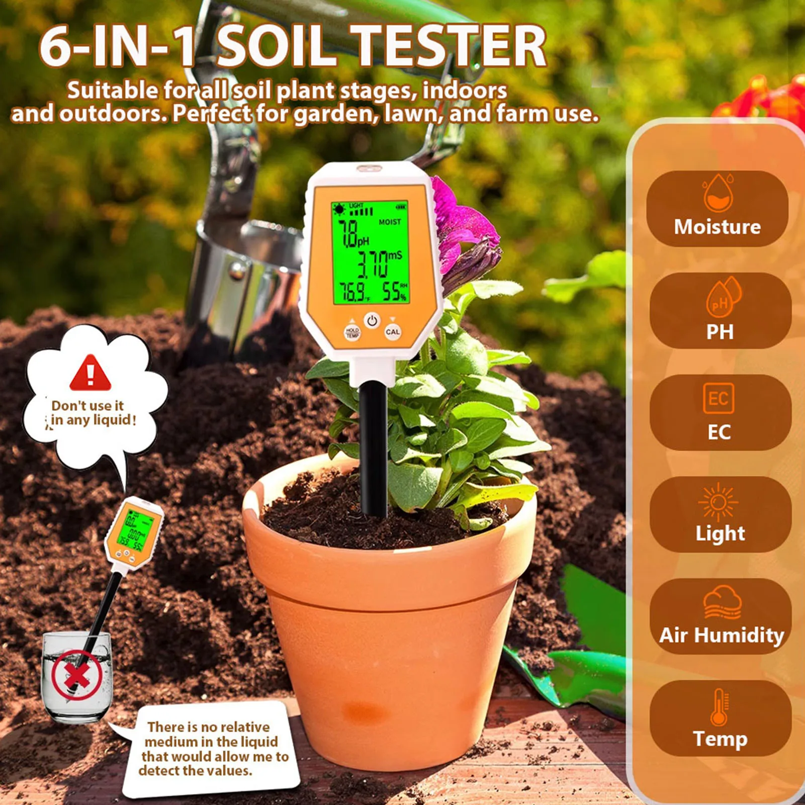 Probador de PH Digital del suelo, medidor de PH EC, probador de temperatura de fertilidad del PH del suelo de alta precisión, profesional para el cuidado de plantas de césped y jardín