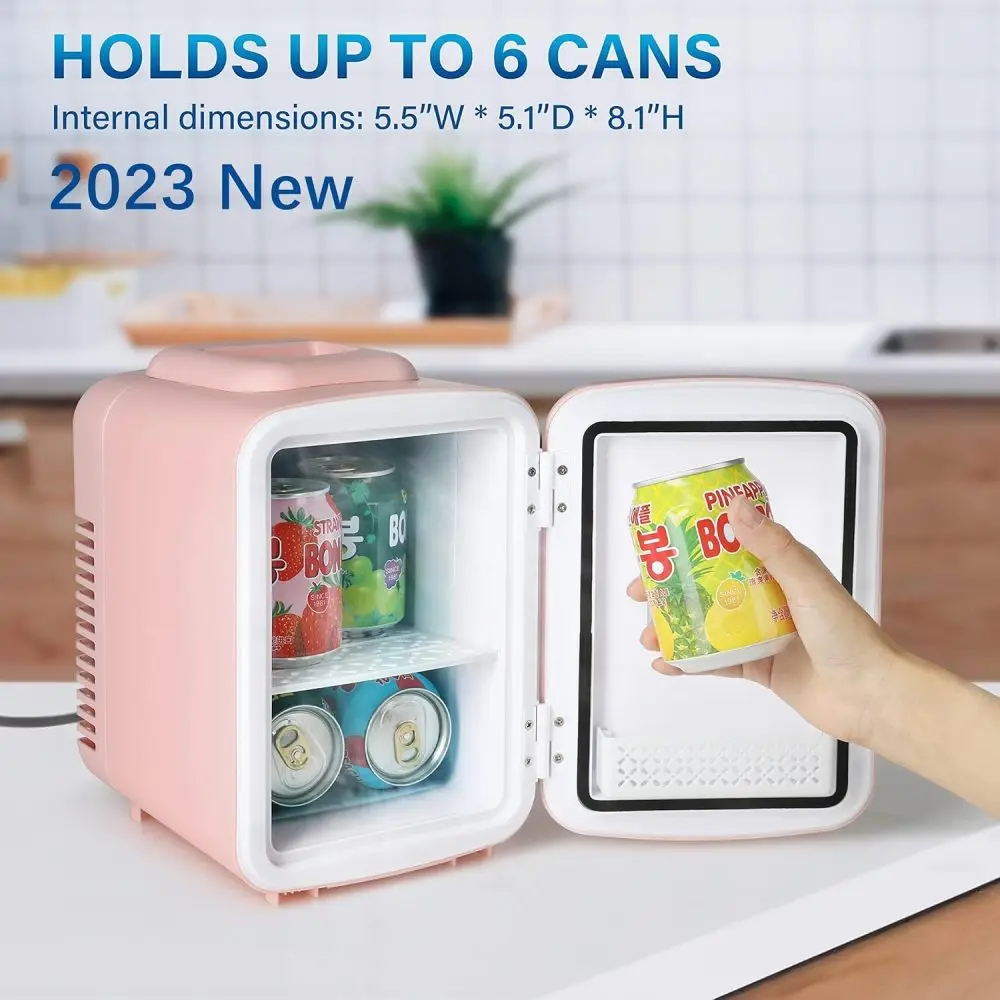 4L/6 Can Mini Fridge, Freon-Free Portable Cooler & Warmer Refrigerator for Skincare, New Pink