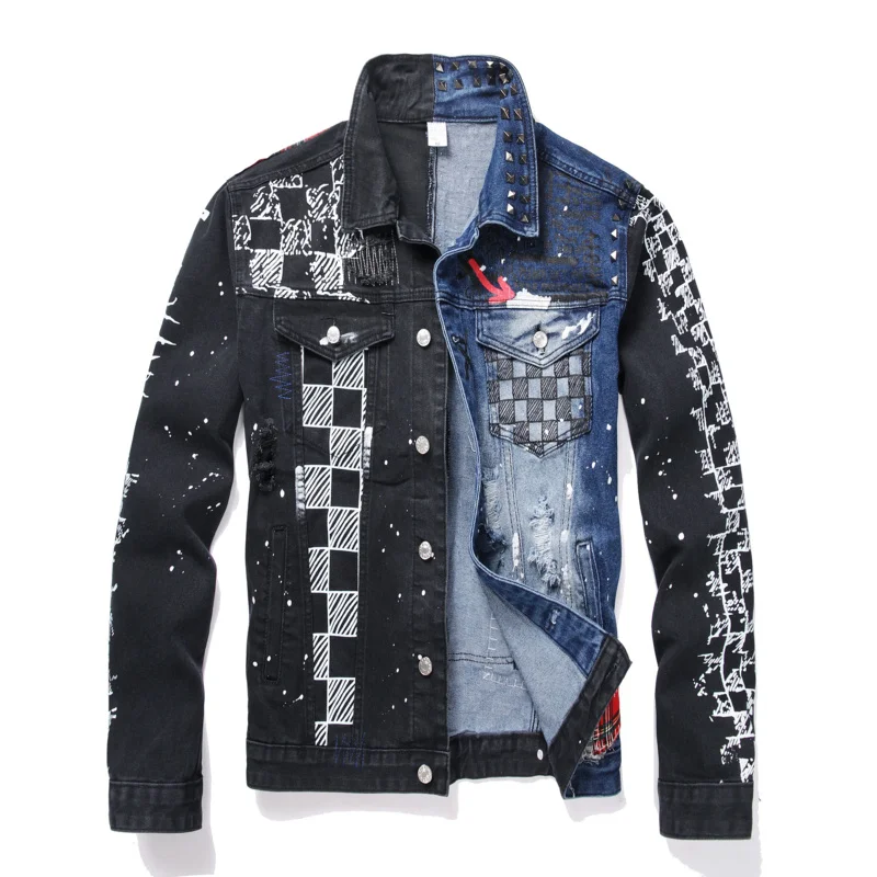 Y2K Street Graffiti Men\'s Denim Jacket High-end Fashion Personalized Spray Paint Printed Jacket Black Casual Loose Denim Top